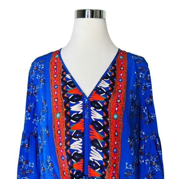 Kobi Halperin Women Mina Silk BOHO Top in Blue Size M Medium red wide sl… - Picture 2 of 8